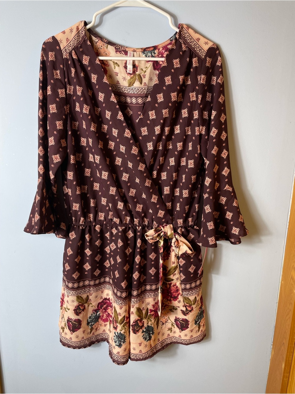 Xhilaration Boho Floral Border Tie-Waist Romper Brown